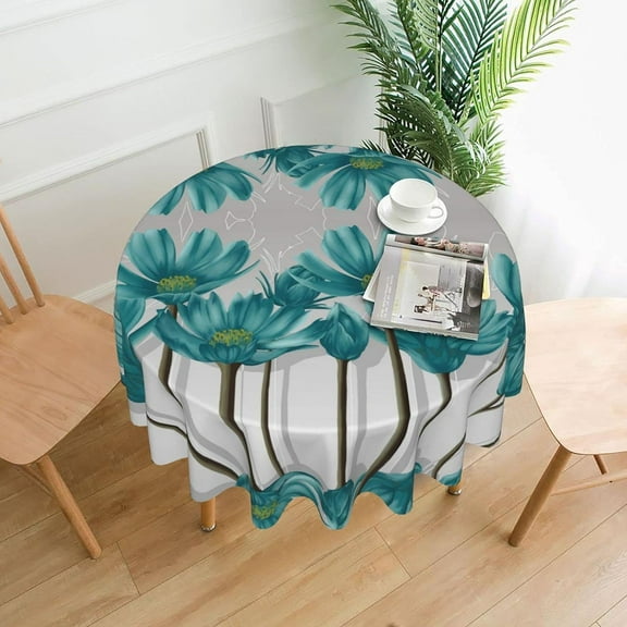 Teal Grey and White Floral Printed Round Table Cloths - 60 Inch Spill Proof Washable Polyester Tablecloth Water Resistant for Outdoor Picnic Kitchen and Holiday Dinner Party