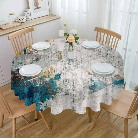 Teal Grey Yellow Round Tablecloth 60 Inch - Waterproof Fabric Table Cloth Protector, Vintage Modern Abstract Art Tablecloths Washable Table Cover for Kitchen Banquet Coffee Table Party