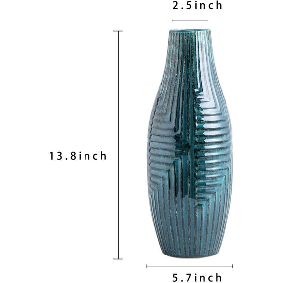 Teal Hand-Glazed Ceramic Vase - 13.8" H Modern Decorative Centerpiece for Fresh/Dried Flowers, Home Decor for Living Room Bookshelf Mantel | Wedding Housewarming Gift