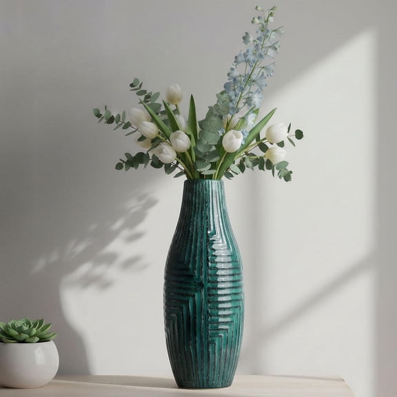 Teal Hand-Glazed Ceramic Vase - 13.8" H Modern Decorative Centerpiece Vase for Fresh/Dried Flowers, Home Decor for Living Room Bookshelf Mantel | Wedding Housewarming Gift