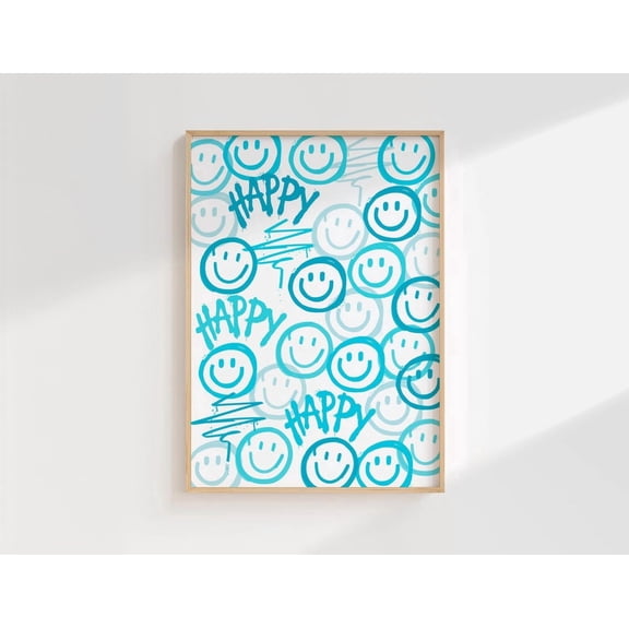 Teal Happy Face Print, Graffiti Wall Art, Trendy Preppy Dorm Decor, Poster Only