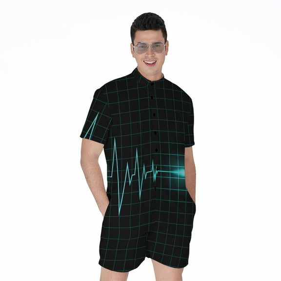 Teal Heartbeat Short Sleeve Men'S Rompers Casual Summer Jumpsuits Outfit
