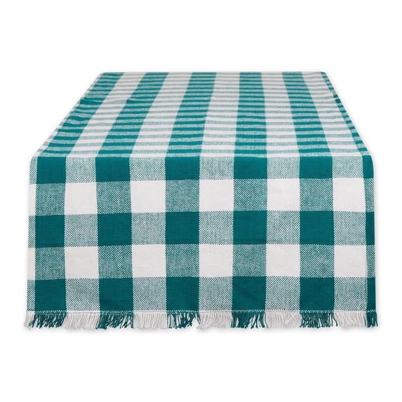 Teal Heavyweight Check Fringed Table Runner 14x72