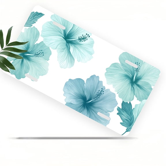 Teal Hibiscus Pattern Front License Plate, Metal License Plate, Funny Standard Plates Personalized Novelty Decorative For Men/Women/Boys/Girls Car 6×12 Inch