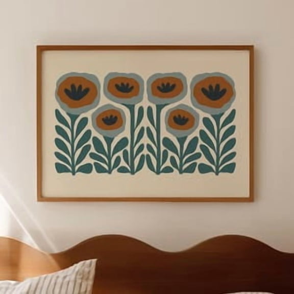 Teal Horizontal Wall Art Turquoise Boho Floral Landscape Print, Poster Home Decor, Poster Only