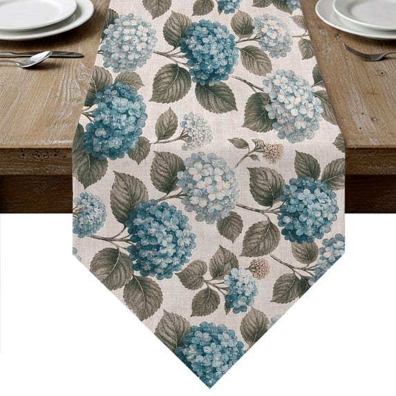 Teal Hydrangea Table Runner Linen Burlap Table Runner 70 Inches Long Retro Botanical Floral Farmhouse Dresser Scarves for Kitchen Island Coffee Dining Room Party Wedding Holiday Decoration 13"x70"