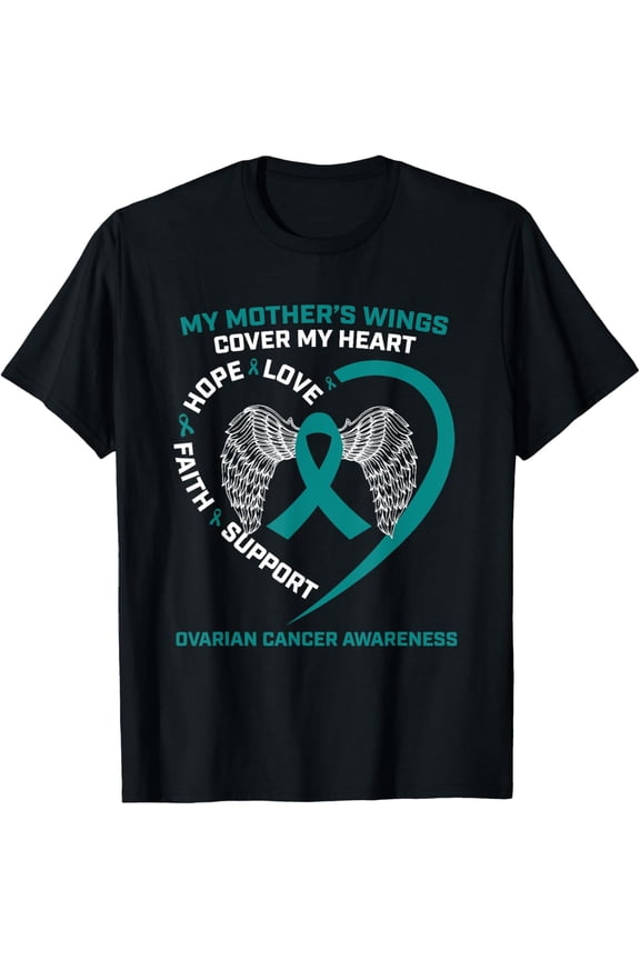 Teal In Memory Of Mom Mother Wings Ovarian Cancer Awareness T-ShirtMen and women, Black T-shirt, size: Extra large