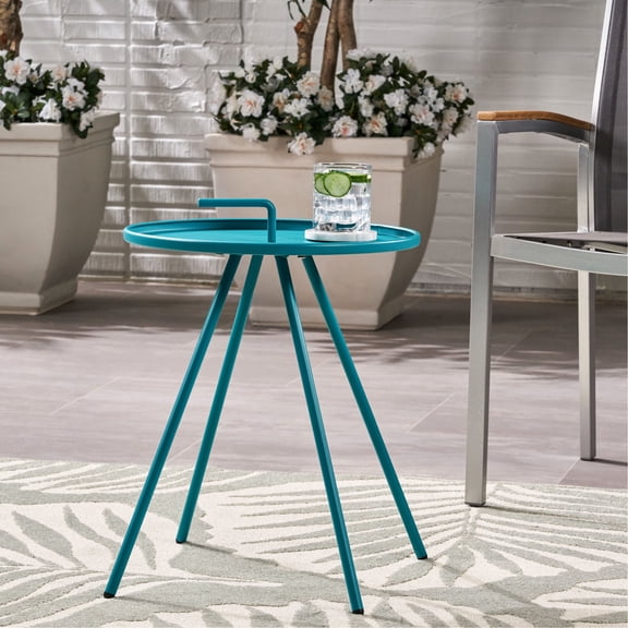 Teal Iron Side Table with Tray and Handle / Supports Heavy Objects