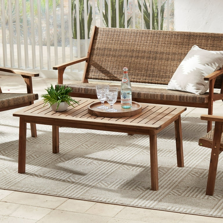Teal Island Designs Farmhouse Rustic Acacia Wood Rectangular Outdoor Coffee Table 43 1 4