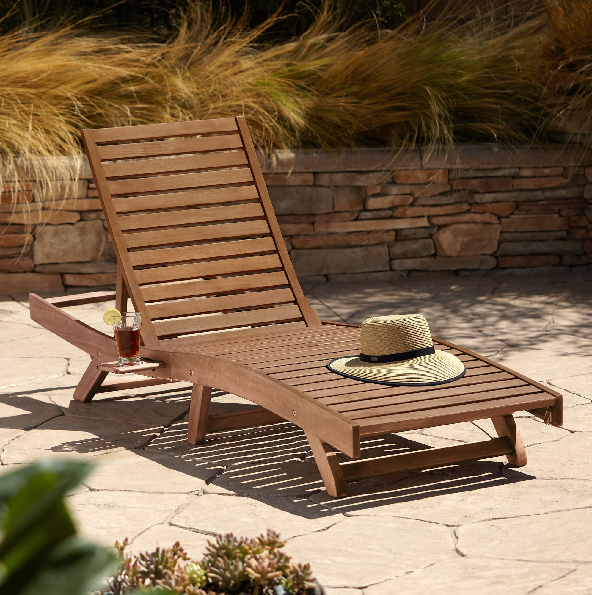 Natural Wood Adjustable Outdoor Lounger Chair with Arms