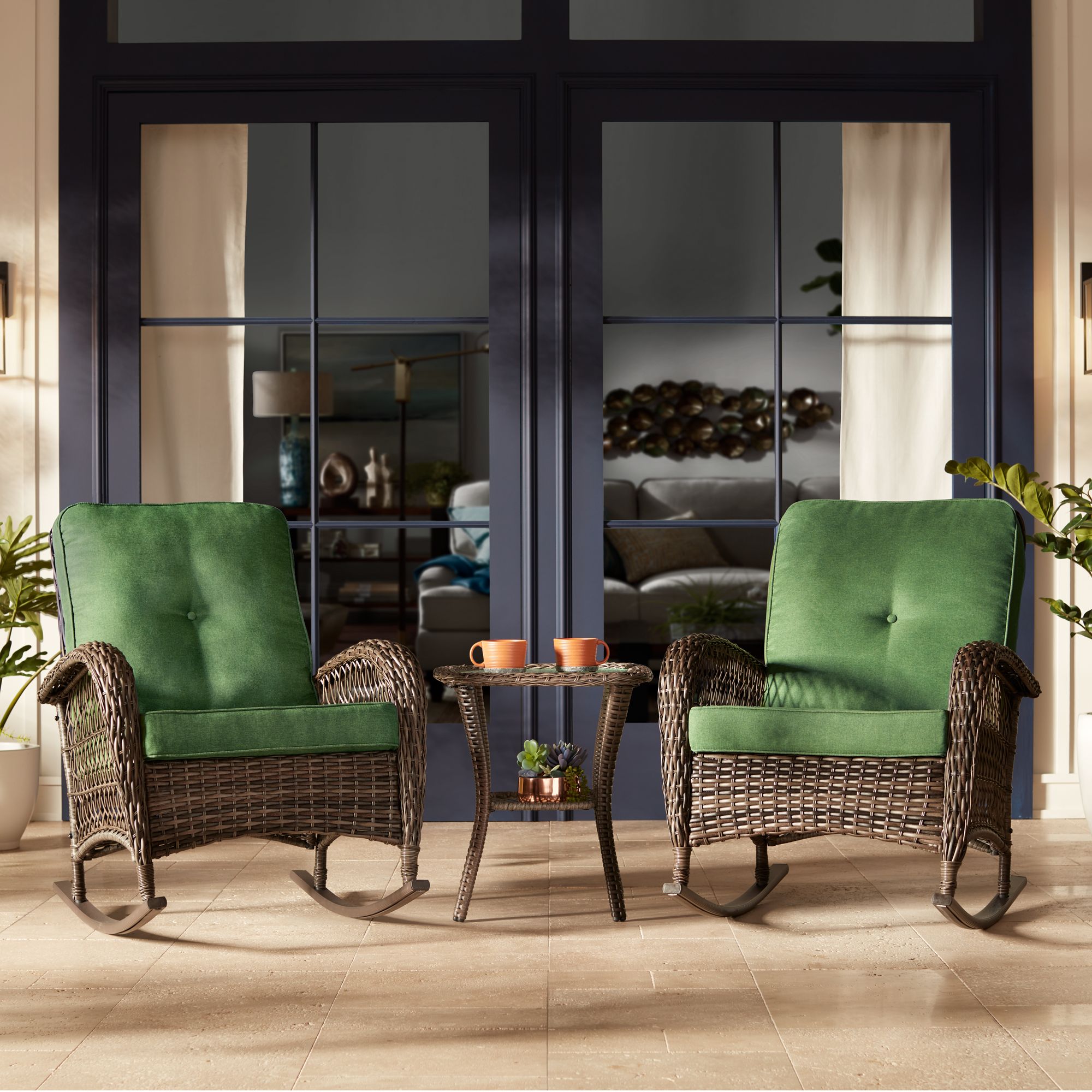 Teal Island Designs Madden 3 Piece Green and Rattan Outdoor Rocking Chair Set With Coffee Table - image 1 of 10