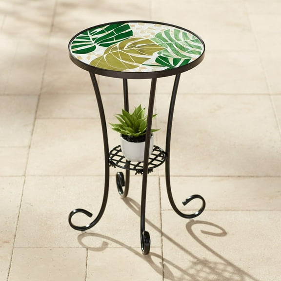 Teal Island Designs Modern Black Metal Round Outdoor Accent Side Table 14" Wide Green Leaf Mosaic Tabletop for Front Porch Patio Home House