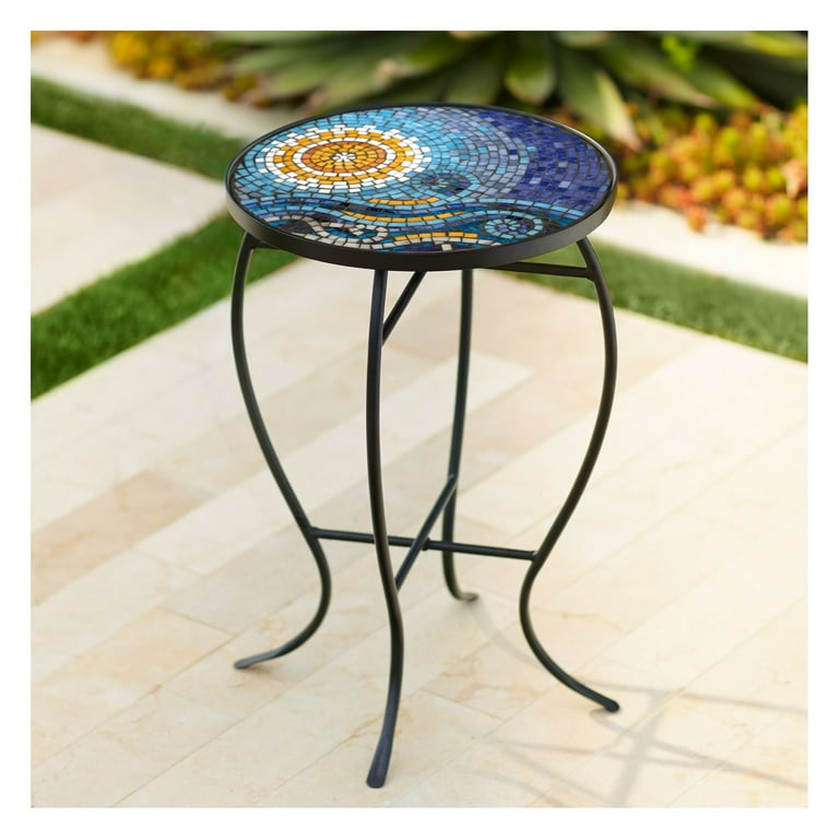 Teal Island Designs Black Metal Exterior Round Outdoor Accent Table Ocean Mosaic Top Deck Patio Safe Walmart