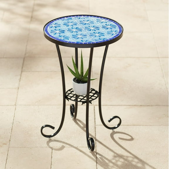 Teal Island Designs Modern Black Round Outdoor Accent Side Table 14" Wide Blue Star Mosaic Tabletop for Front Porch Patio Home House