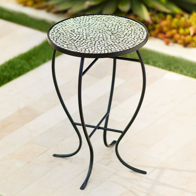 Teal Island Designs Modern Black Round Outdoor Accent Side Table 14" Wide Free-Form Mosaic Tabletop for Front Porch Patio Home House Balcony