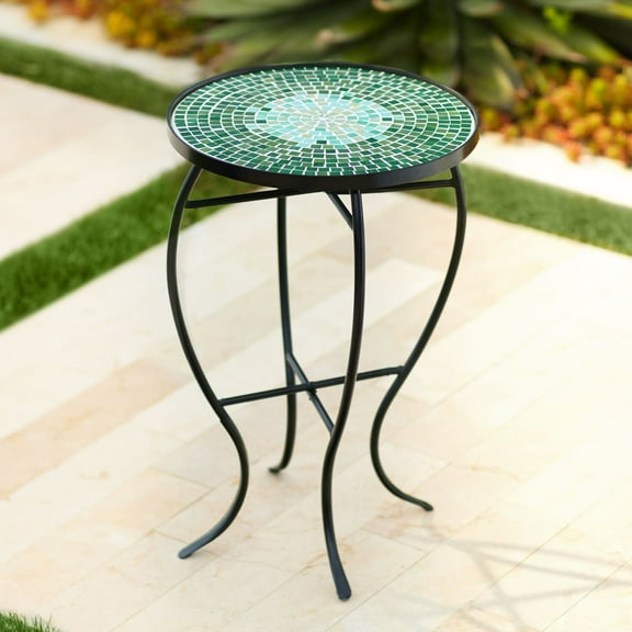 Teal Island Designs Modern Black Round Outdoor Accent Side Table 14" Wide Green Mosaic Front Porch Patio House Balcony Deck Shed