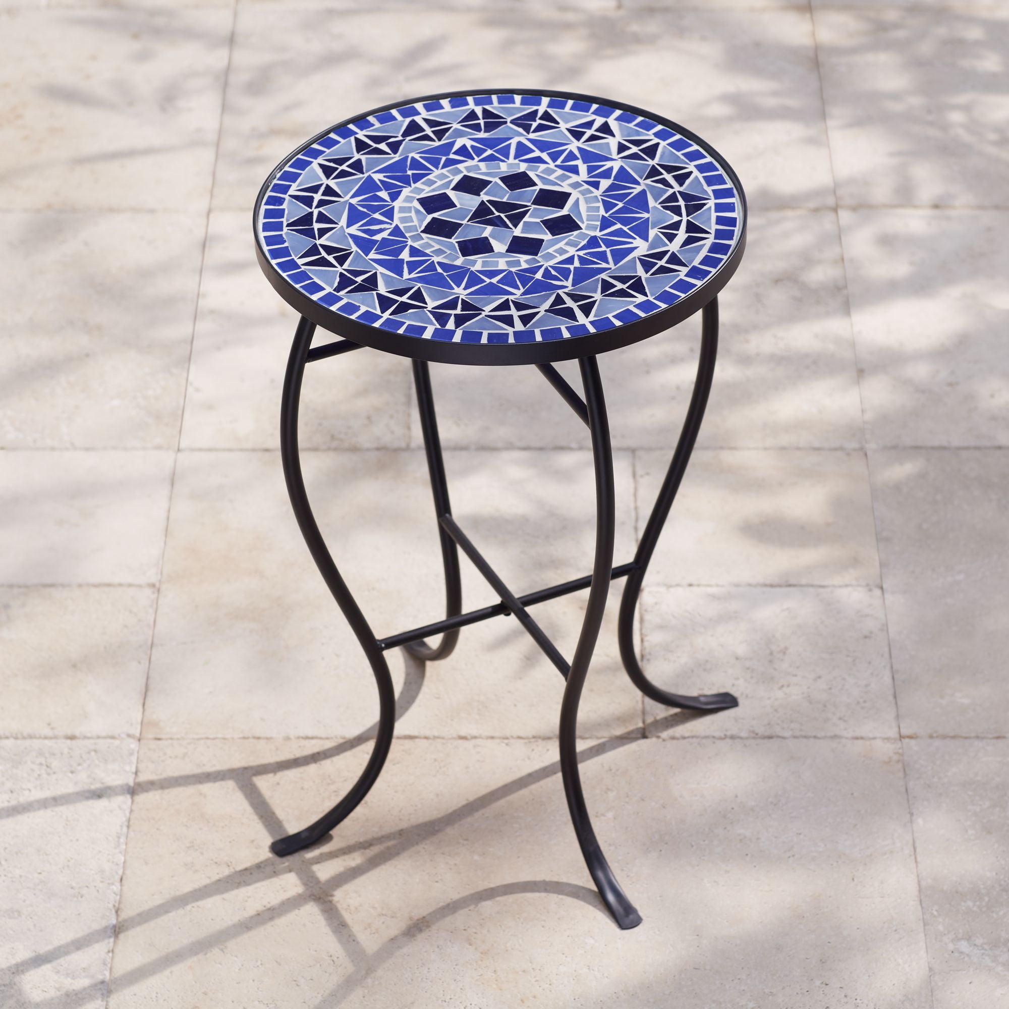 Teal Island Designs Modern Black Round Outdoor Accent Side Table 14" Wide Light Blue Mosaic Tabletop Front Porch Patio Home House Balcony