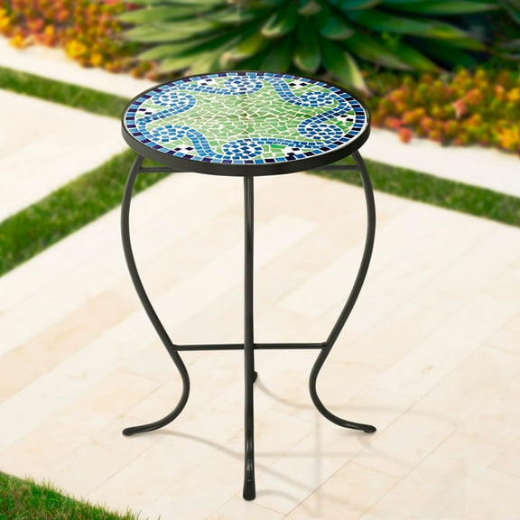 Teal Island Designs Modern Black Round Outdoor Accent Side Table 14" Wide Light Green Mosaic Tabletop for Front Porch Patio House Balcony