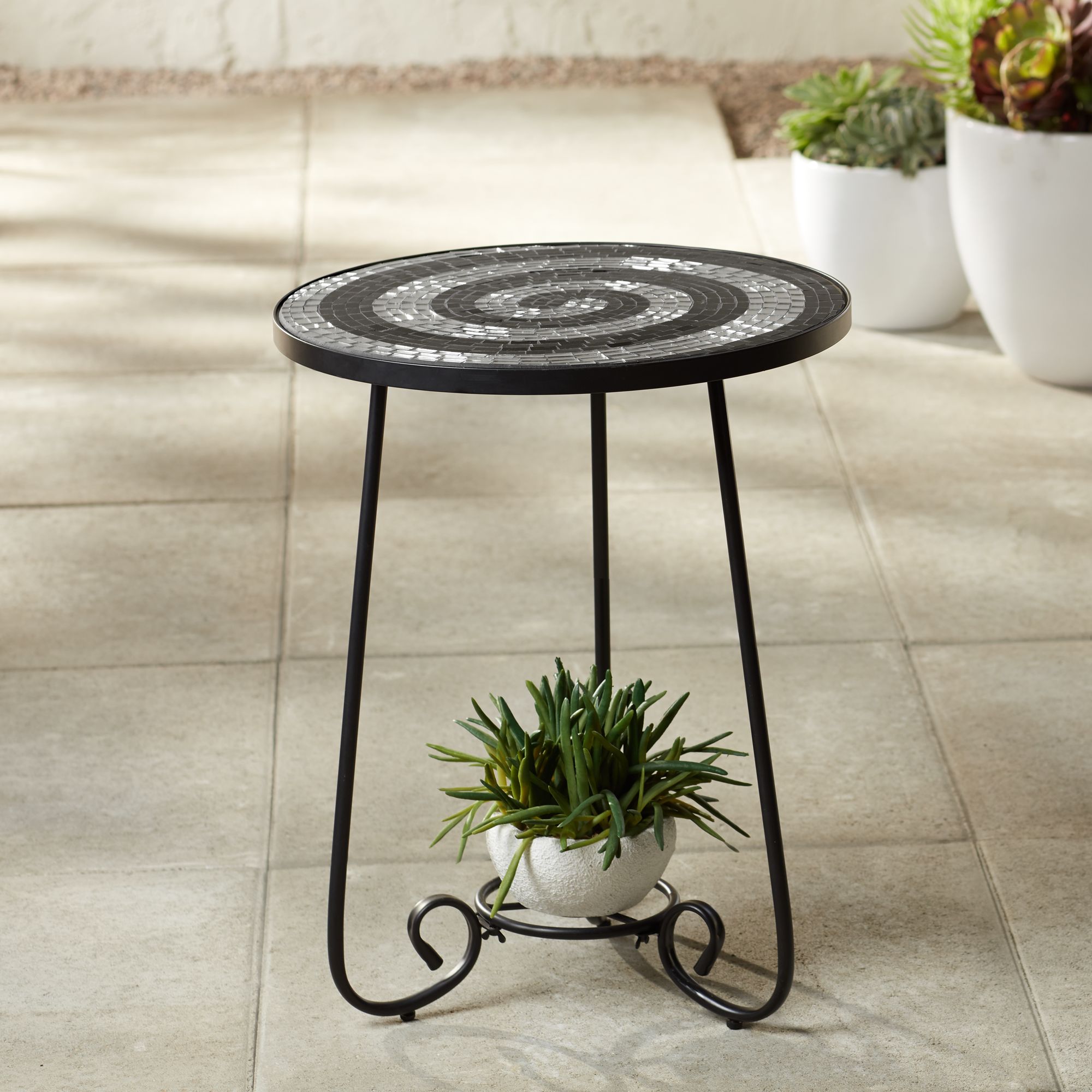 Teal Island Designs Modern Black Round Outdoor Accent Side Table 17 3/4" Wide Black White Tile Mosaic Tabletop Front Porch Patio Home House - image 1 of 8