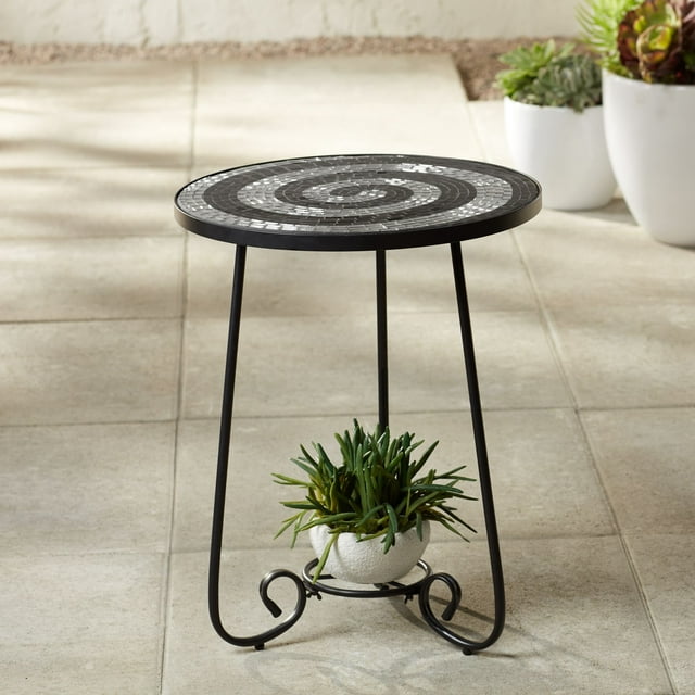 Teal Island Designs Modern Black Round Outdoor Accent Side Table 17 3/4" Wide Black White Tile Mosaic Tabletop Front Porch Patio Home House