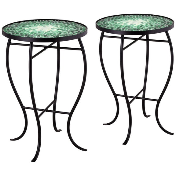 Teal Island Designs Modern Black Round Outdoor Accent Side Tables 14" Wide Set of 2 Green Mosaic Tabletop for Front Porch Patio Home House