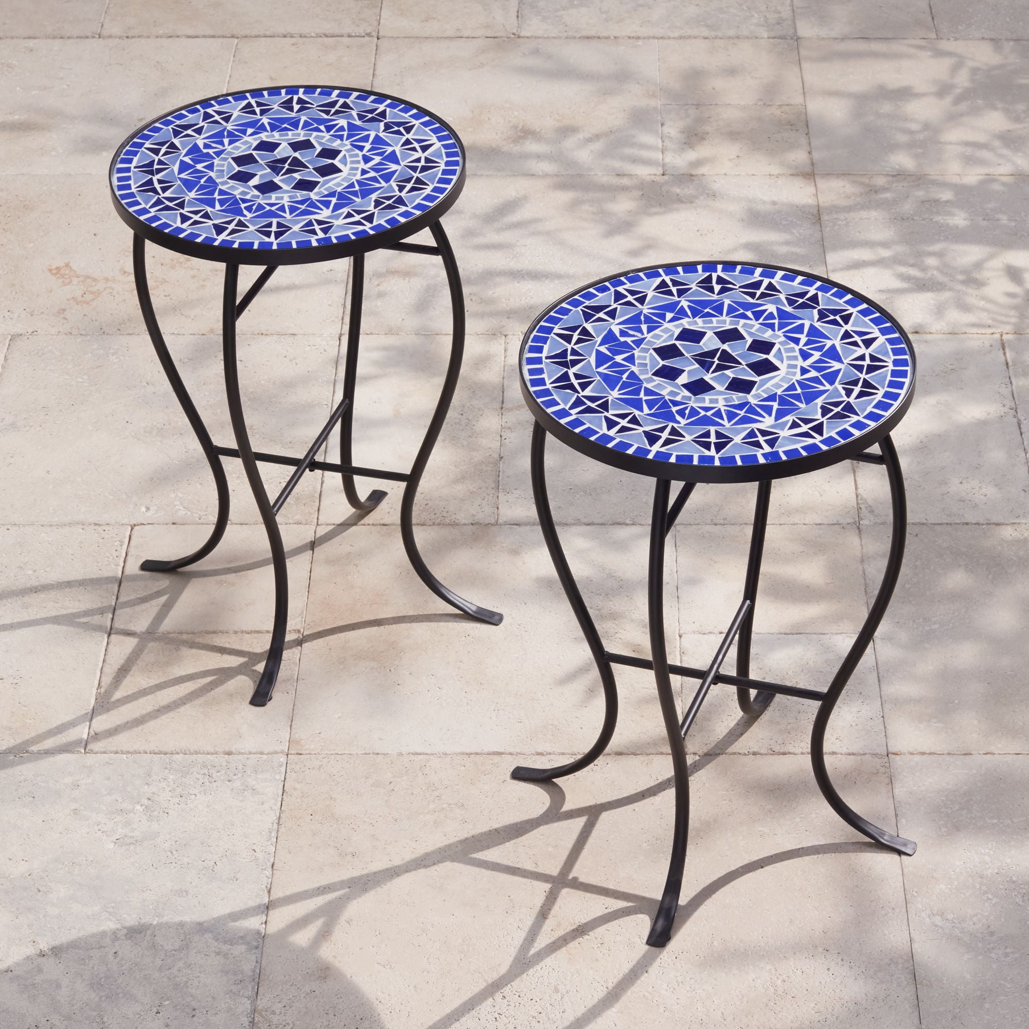 Teal Island Designs Modern Black Round Outdoor Accent Side Tables 14" Wide Set of 2 Light Blue Mosaic Tabletop Front Porch Patio Home House