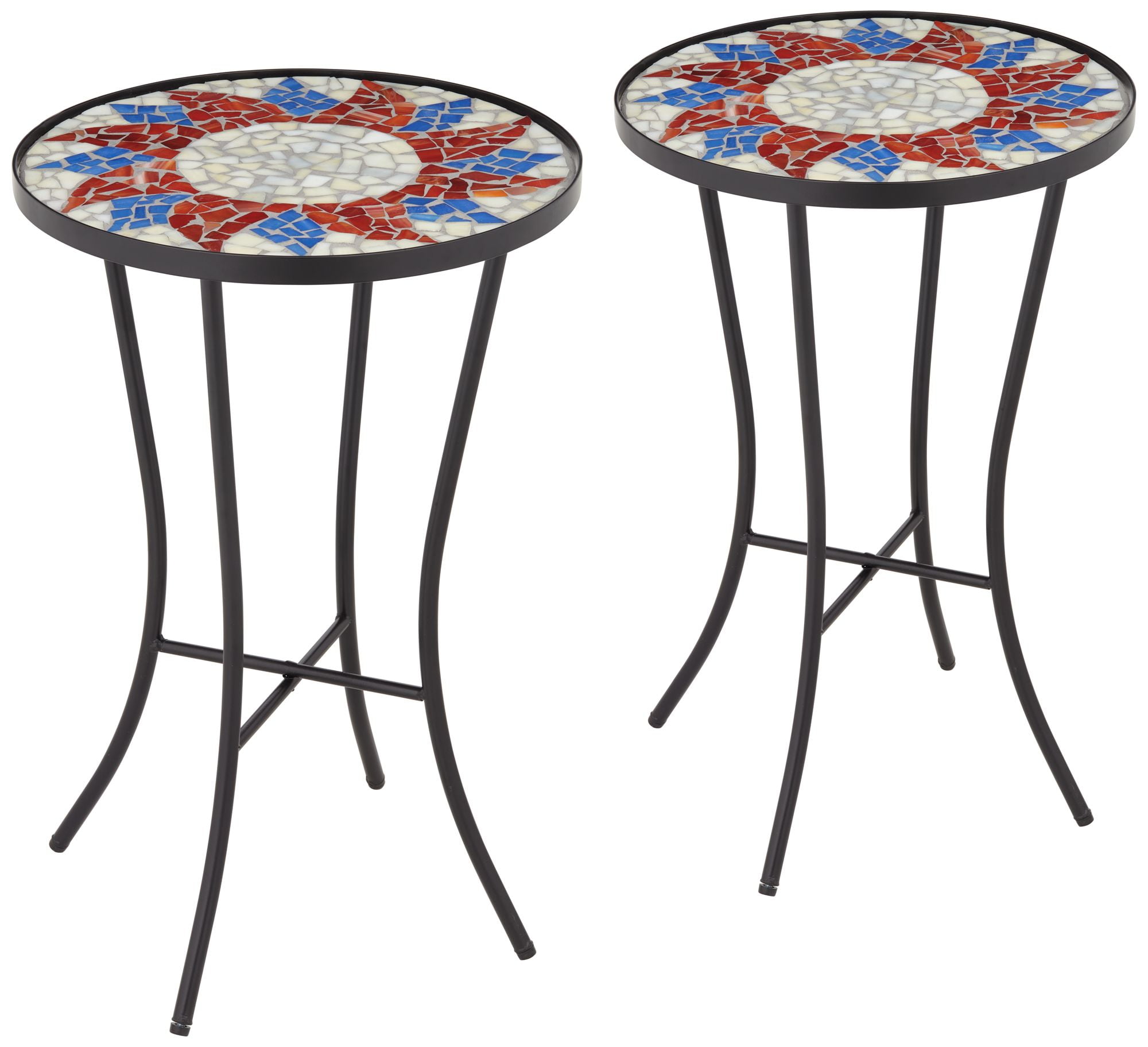 Sunburst Mosaic Red Top 21" Outdoor Accent Side Table Set with Black Iron Frame
