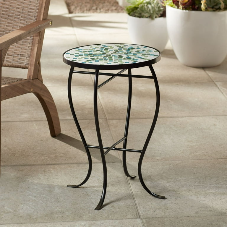 Teal island designs mosaic black iron outdoor accent table deals