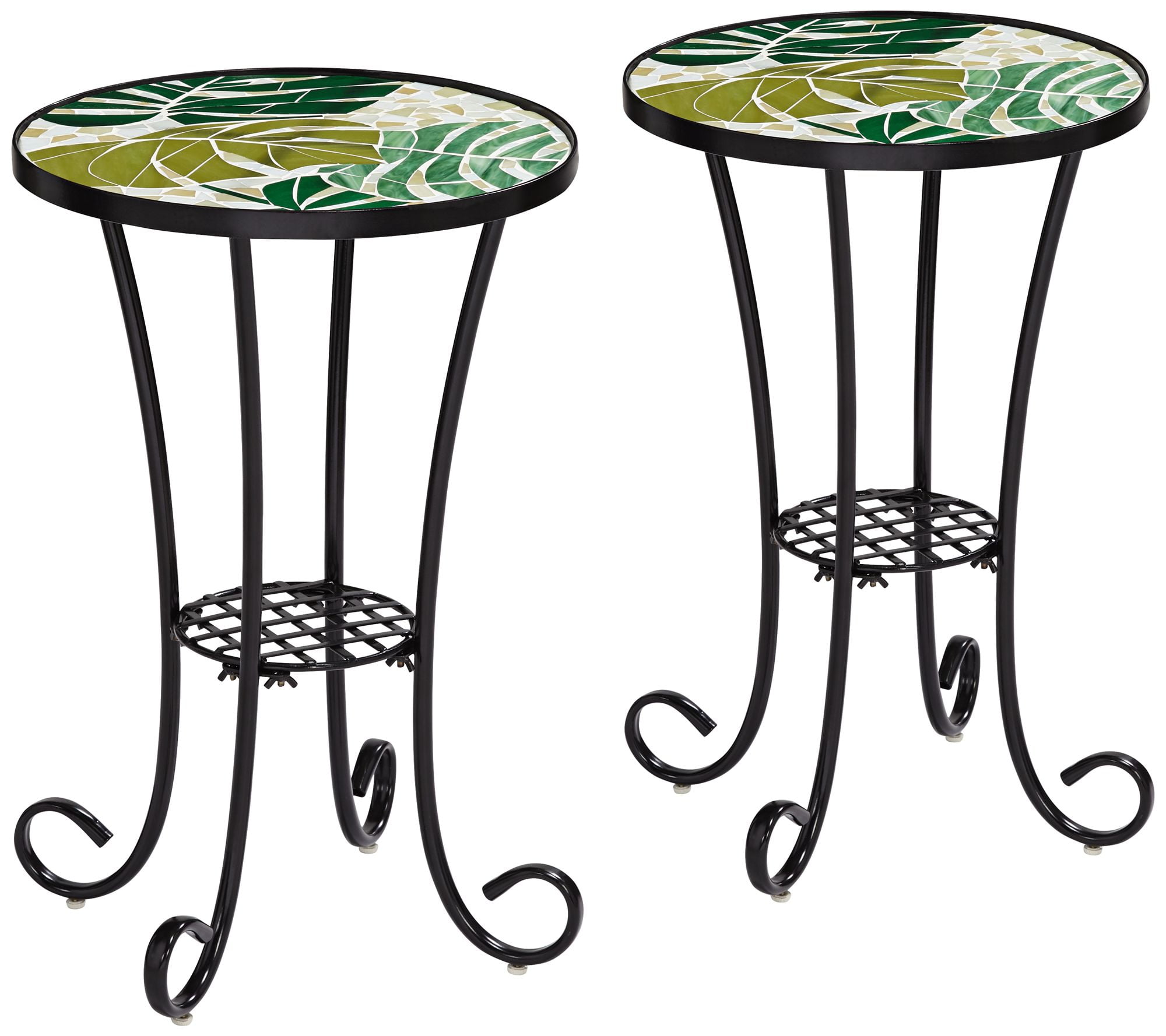 Teal Island Designs Tropical Black Round Outdoor Accent Side Tables 14" Wide Set of 2 Green Leaves Mosaic Tabletop Front Porch Patio Home House