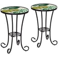 thumbnail image 1 of Teal Island Designs Tropical Black Round Outdoor Accent Side Tables 14" Wide Set of 2 Green Leaves Mosaic Tabletop Front Porch Patio Home House, 1 of 8