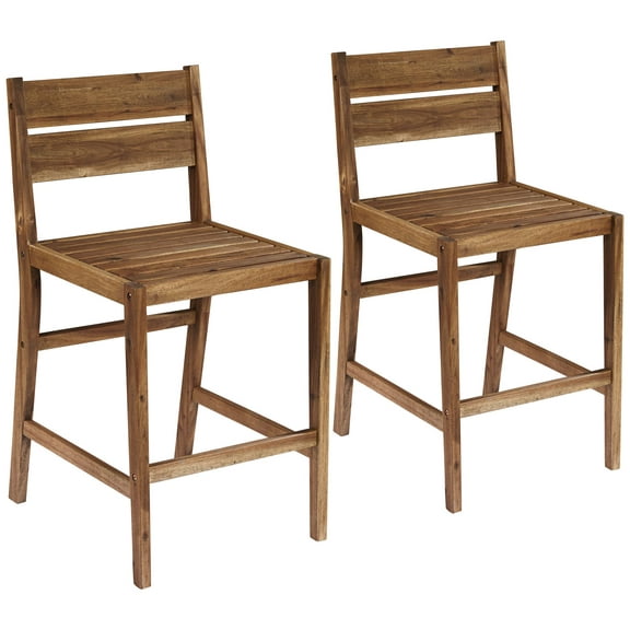 Teal Island Designs Wood Outdoor Bar Stools 24" Set of 2 High Farmhouse Rustic with Ladder Backrest Footrest for Kitchen Counter Island Patio Garden