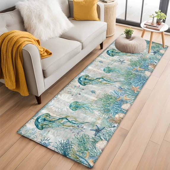 Teal Jellyfish Coastal 2'x6' Runner Rugs for Hallway Kitchen Bedside Non Slip Washable, Summer Beach Coral Nautical Ocean Entryway Rug Runners with Rubber Backing, Long Carpet Runner for Laundry Room
