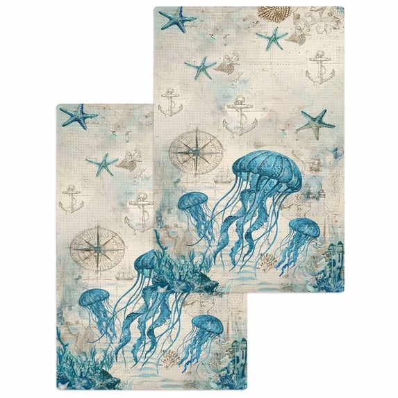 Teal Jellyfish Coastal Kitchen Dish Towels for Drying Dishes Set of 2, Vintage Summer Beach Nautical Waffle Weave Microfiber Hand Tea Bathroom Towels Quick Dry & Absorbent Towel 15.7x23.6