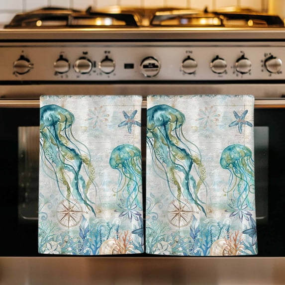 Teal Jellyfish Coastal Kitchen Towels Set of 3, Summer Beach Coral Nautical Ocean Absorbent Dish Towels for Kitchen, Microfiber Hand Towel, Quick Drying Tea Towel for Cleaning Decorative Dishcloths