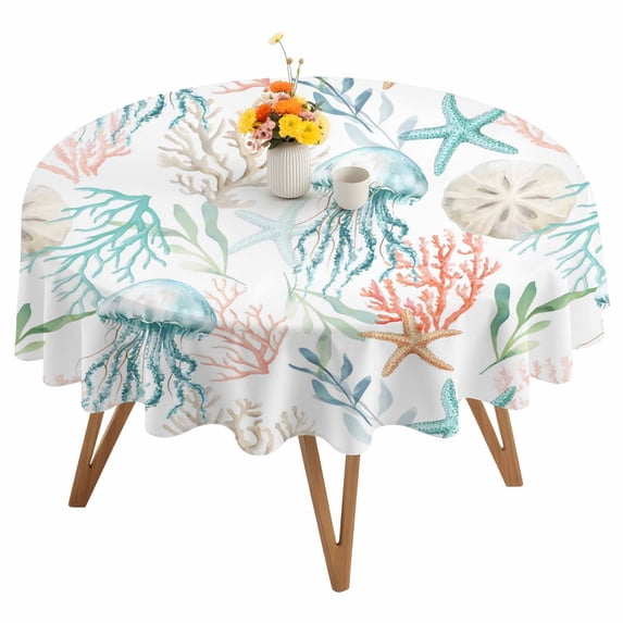 Teal Jellyfish Starfish Round Tablecloth 54 inches Summer Beach Coral Shell Watercolor Waterproof Oil-Proof Table Cloth Round Table Cover for Holiday Party Picnic Dinner Decor Indoor and Outdoor Use