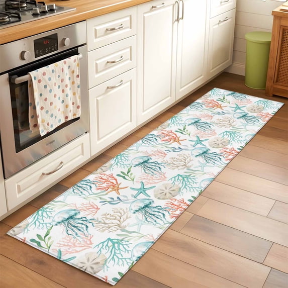 Teal Jellyfish Starfish Runner Rugs 2x6 ft Summer Beach Coral Shell Watercolor Washable Hallway Rugs Non-Slip Floor Mats Absorbent Carpet Bedside Runners for Bedroom Kitchen Bathroom Laundry Room