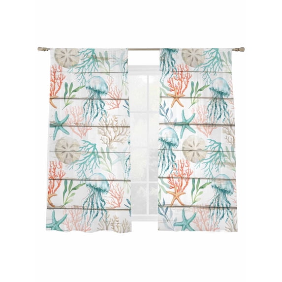 Teal Jellyfish Starfish Sheer Curtains 2 Panels Set Summer Beach Coral Shell Board Sheer Window Curtains Light Filtering Rod Pocket Voile Drapes for Bedroom Living Room 52"x63"