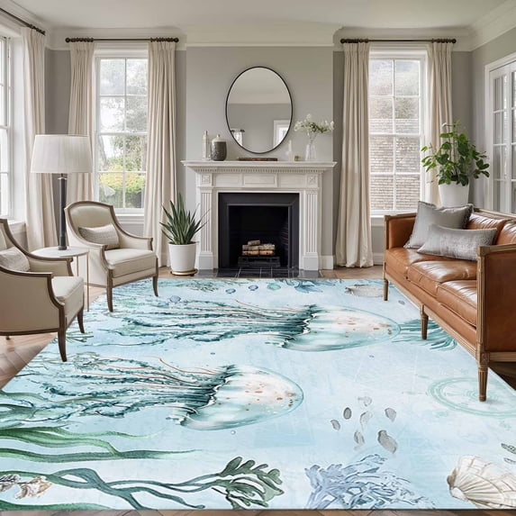 Teal Jellyfish Washable Living Room Rugs 6'x9', Summer Shell Coral Low Pile Throw Large Area Rug Non-Slip Sturdy Edge Binding Carpet for Dining Room Kitchen Office