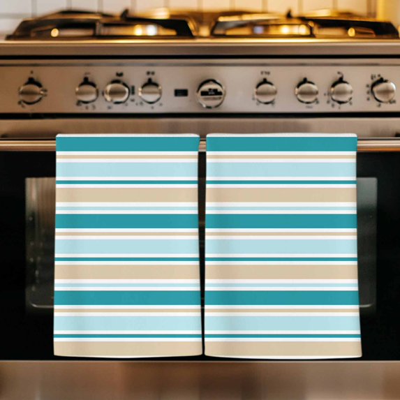 Teal Khaki Striped Kitchen Towels Set of 3, Farmhouse Stripes Modern Abstract Art Absorbent Dish Towels for Kitchen, Microfiber Hand Towel, Quick Drying Tea Towel for Cleaning Decorative Dishcloths