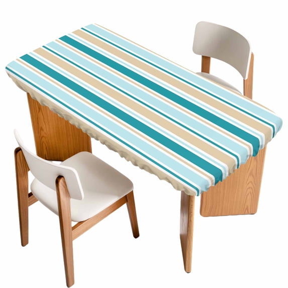 Teal Khaki Striped Table Cloths for 5 Foot Rectangle Tables, Farmhouse Stripes Modern Abstract Art Patio Waterproof Elastic Fitted Tablecloths, Washable Rectangular Table Cover for Camping