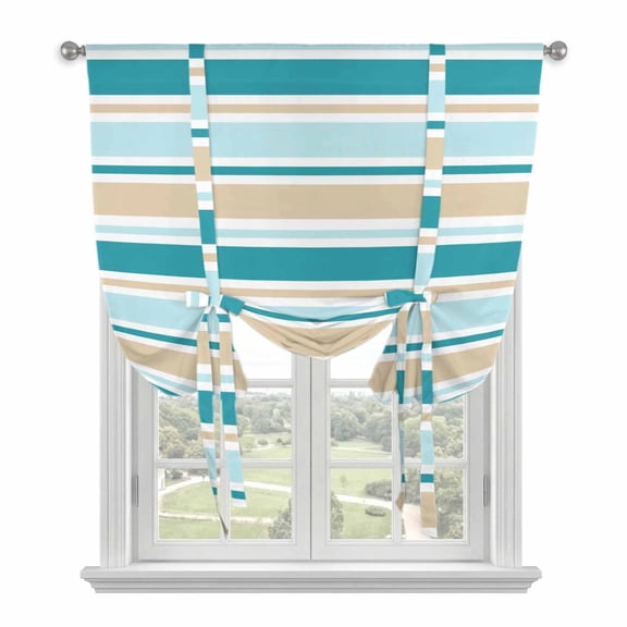 Teal Khaki Striped Tie Up Curtains for Window, Thermal Insulated Balloon Shade Adjustable Rod Pocket Curtains Valance Panels for Kitchen Bathroom Cafe 42 x 54 Farmhouse Stripes Modern Abstract Art