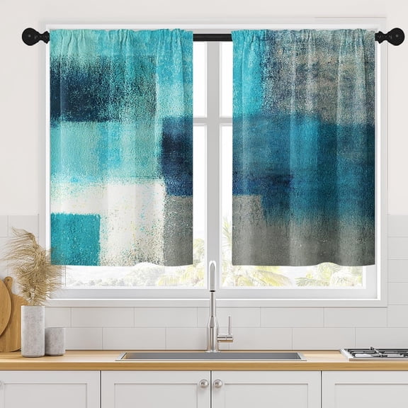 Teal Kitchen Curtains 36 Inch Length Turquoise Window Curtains Over Sink Set of 2, Abstract Grey White Painting Art Short Tier Curtain for Kitchen, Modern Small Kitchen Decor 26x36 Inch