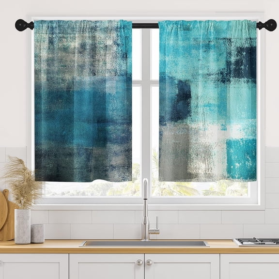 Teal Kitchen Curtains 36 Inch Length Turquoise Window Curtains Over Sink Set of 2, Abstract Grey White Painting Art Short Tier Curtain for Kitchen, Modern Small Kitchen Decor 26x36 Inch