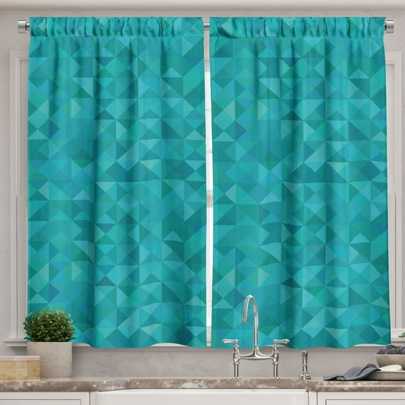 Teal Kitchen Curtains, Geometrical Shapes Triangles Squares Modern Abstract Art Different Shades of Blue, Two Panels Drapes with Rod Pocket Room Decor, 55" X 45", Turquoise Aqua, by Ambesonne