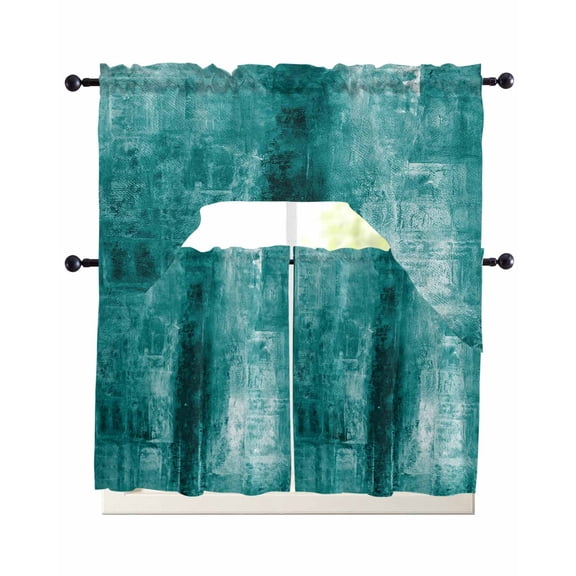 Teal Kitchen Curtains Swag Valance and Tier Curtains Set 24 Inch Length, Retro Oil Painting Modern Abstract Art Aesthetics Rod Pocket Drape Panels Pair Swag Curtain for Bathroom/Cafe/Window