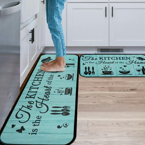 Teal Kitchen Rugs and Mats Non Skid Washable, Turquoise Teal Kitchen Sink Mat Rug Floor Mat with Words, Teal Kitchen Decor and Accessories Home Decor, Kitchen Mat Set of 2 (Words, Teal