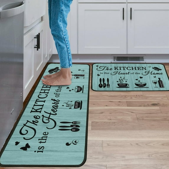Teal Kitchen Rugs and Mats Non Skid Washable, Turquoise Teal Kitchen Sink Mat Rug Floor Mat with Words, Teal Kitchen Decor and Accessories Home Decor, Kitchen Mat Set of 2 (Words, Teal