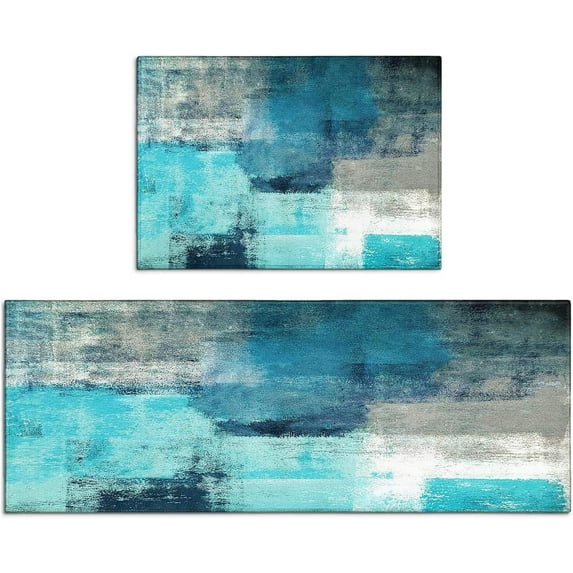 Teal Kitchen Rugs and Mats Sets of 2,Turquoise and Grey Abstract Art Kitchen Decoration Non-Slip Absorbent Mats for Sink Waterproof Runner Rug for Laundry Room,17x24+17x48inch