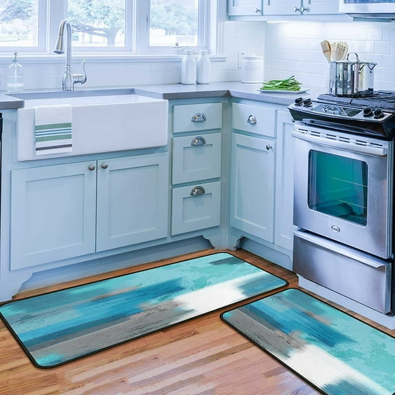 Teal Kitchen Rugs Set of 2 Kitchen Floor Mats Non-Slip Backing Kitchen Mat Washable Doormat Runner Rug Set for Home 17"x47.2"+17"x30" Teal Kitchen Accessories and Decor
