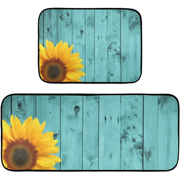 Teal Kitchen Rugs and Mats 2 Piece Non Slip Washable Turquoise Runner Rug Set for Floor Sunflower Kitchen Decor and Accessories
